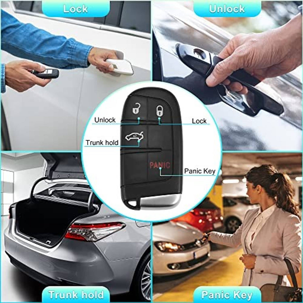 Black keyless remote with lock, unlock, trunk-hold, and red PANIC button icons