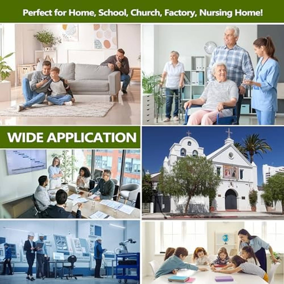 Collage of home, school, factory, and nursing settings for thermostat lock use
