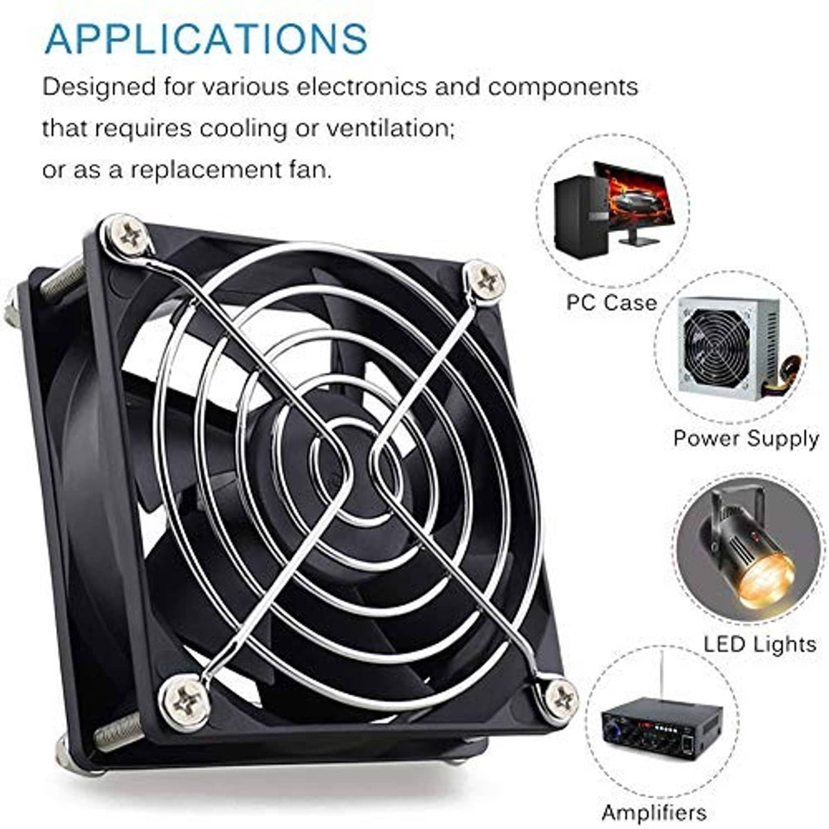 Black DC brushless cooling fan shown with mounting screws for electronics cooling