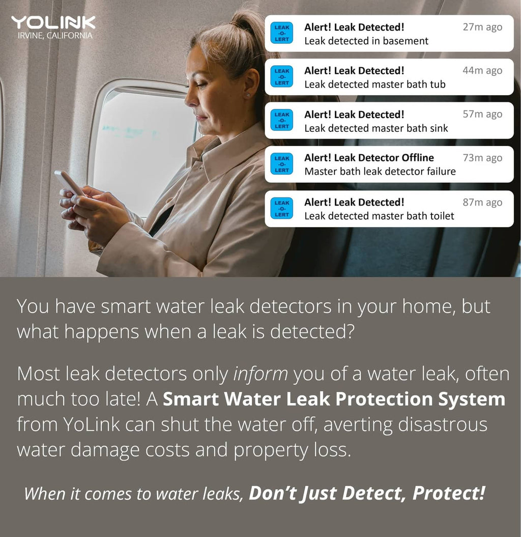 Phone showing YoLink leak alerts for basement and bathrooms from a smart sensor