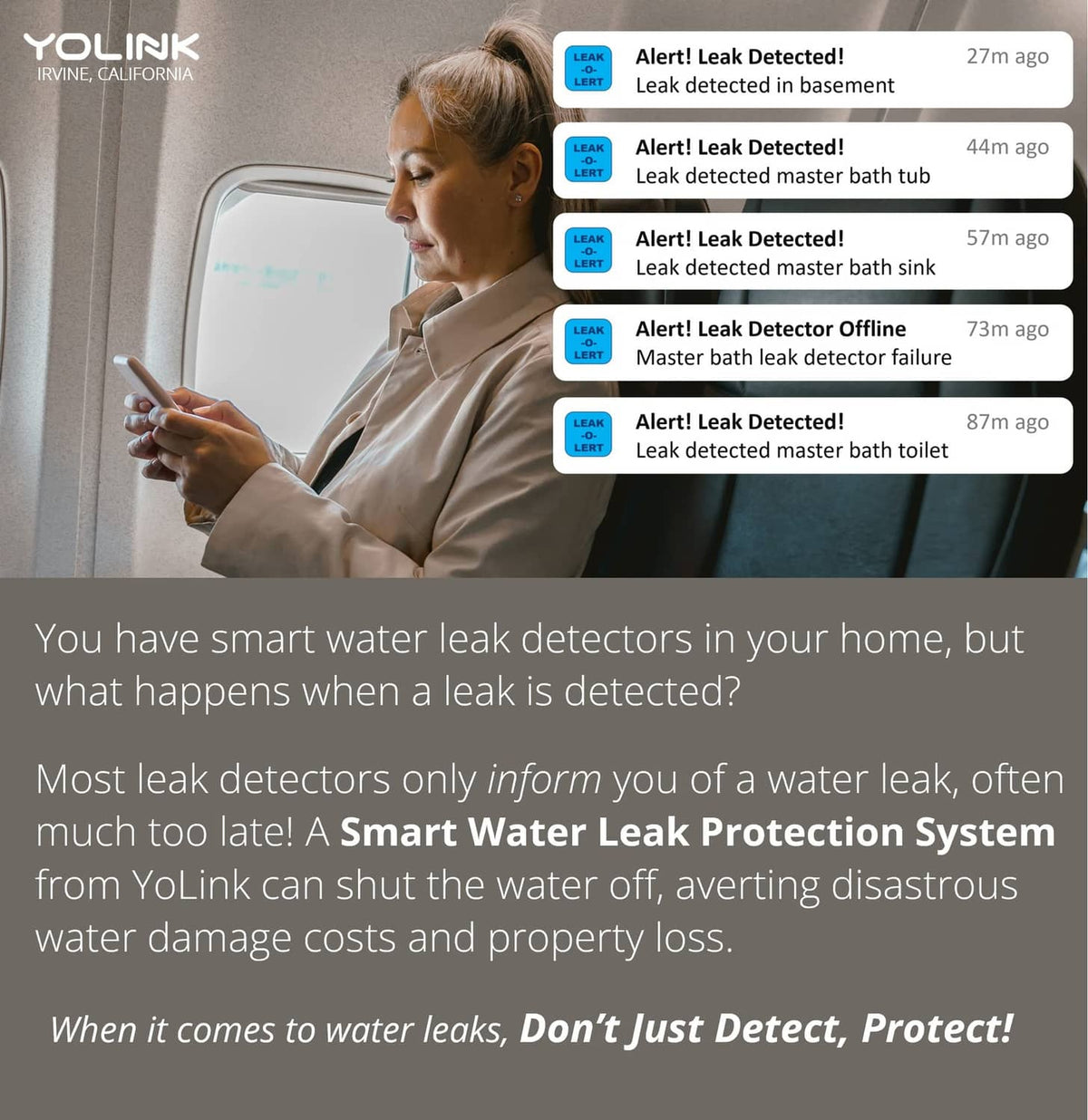 Phone showing YoLink leak alerts for basement and bathrooms from a smart sensor
