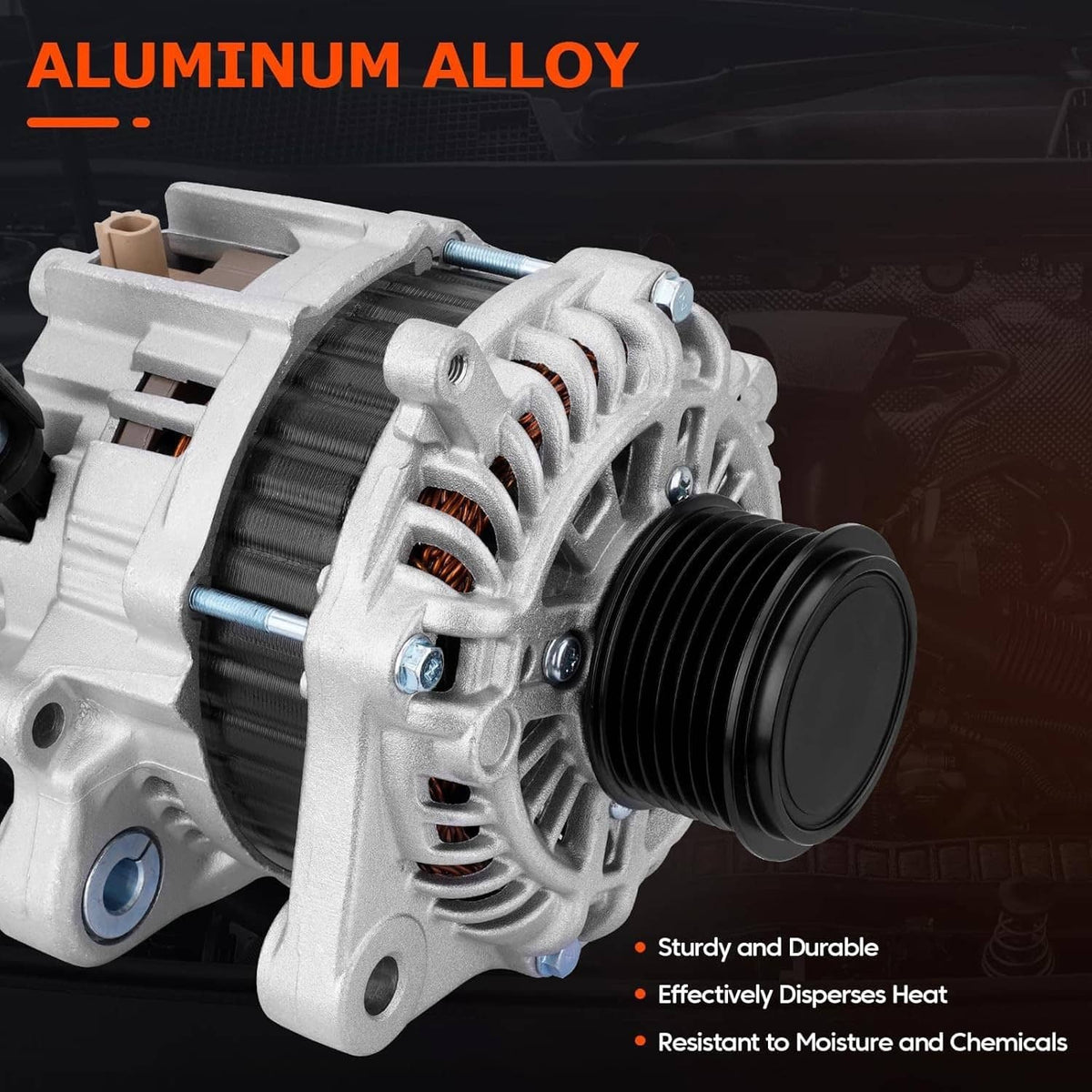 Automotive alternator with silver aluminum housing and black belt pulley, close-up