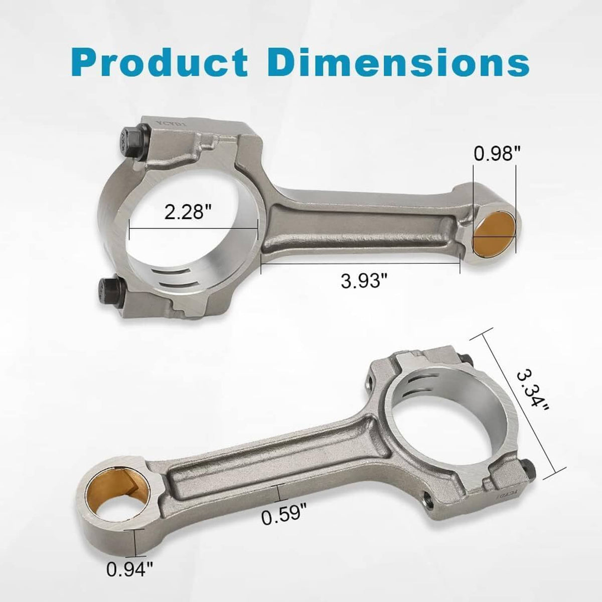 Engine connecting rod set with labeled dimensions and bronze bearing end inserts