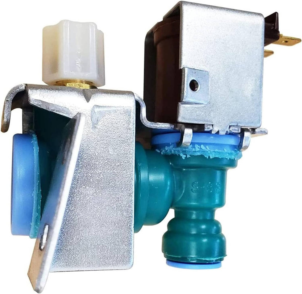 Appliance water inlet valve with turquoise housing, silver bracket, and white cap