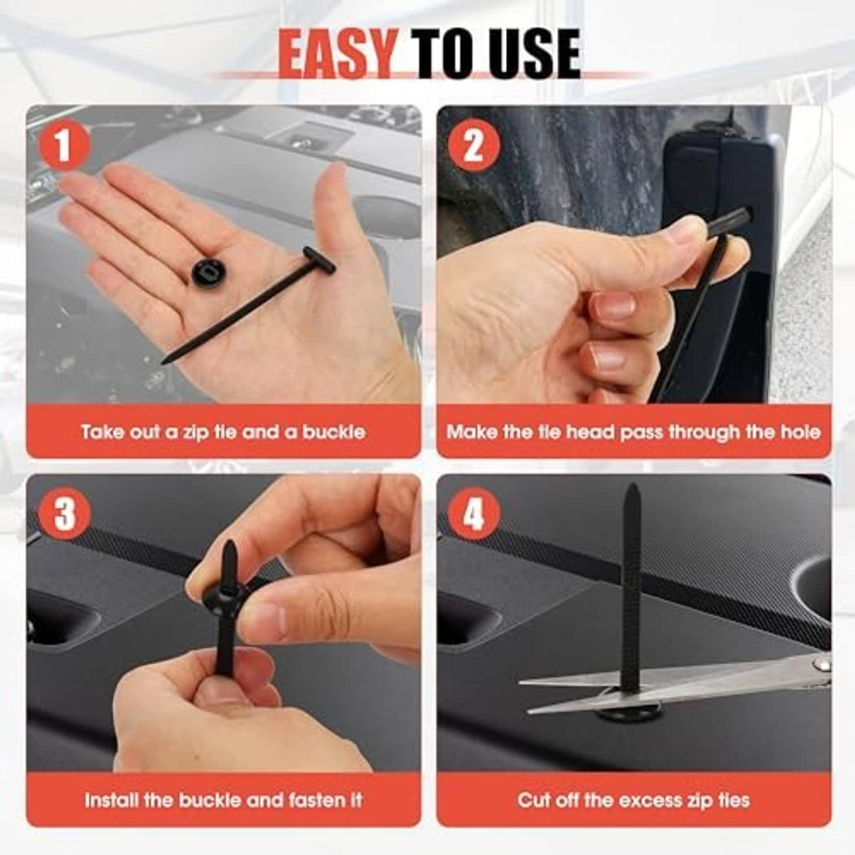 Black nylon cable tie buckle installation, hands threading zip tie through