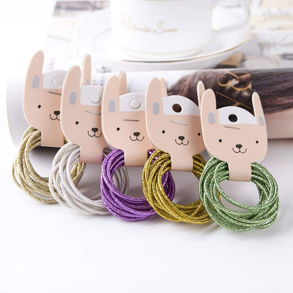 Glitter hair elastics on bunny face holders with gold, purple, green, and silver loops