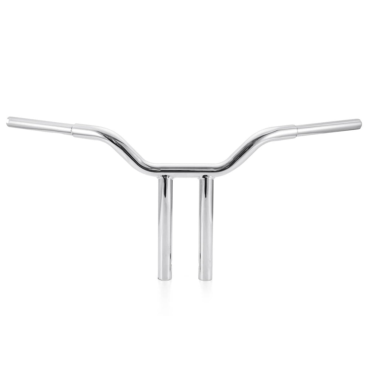 Chrome motorcycle handlebar with curved crossbar and two vertical risers