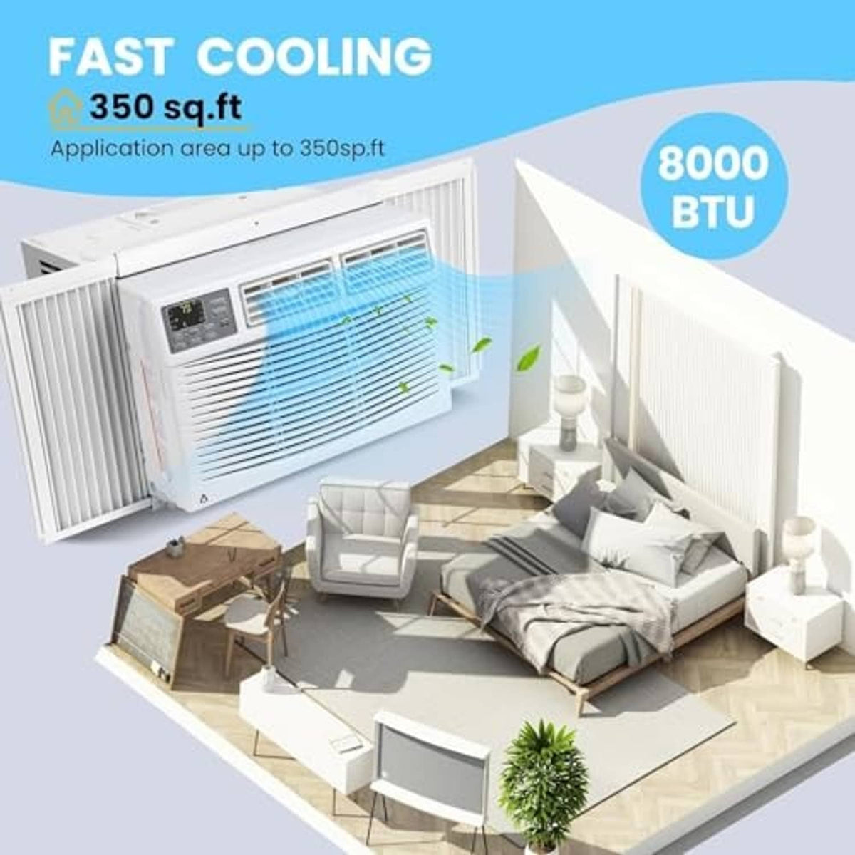 White 8000 BTU window air conditioner unit with room layout illustration