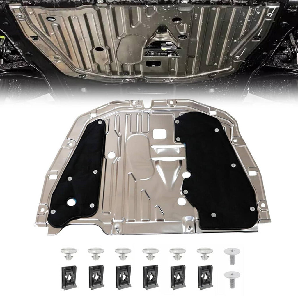 Under-engine splash guard kit with silver metal panel, black liners, and mounting screws