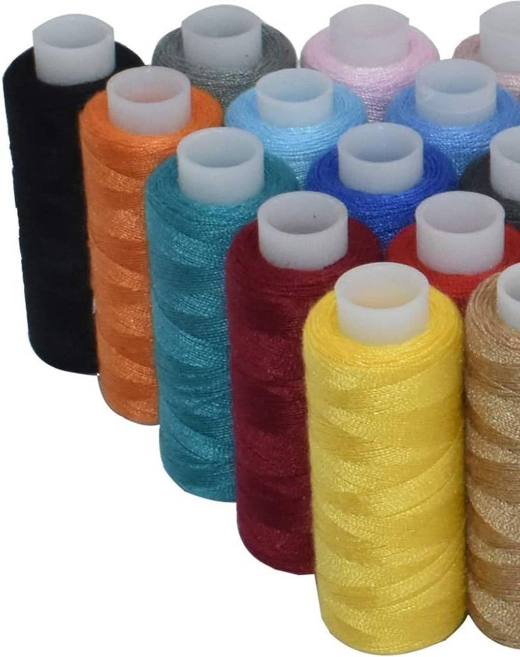 Polyester sewing thread spools in mixed colors, including yellow, teal, and orange