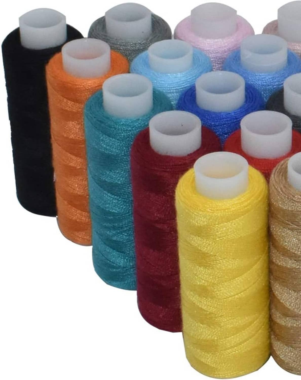 Polyester sewing thread spools in mixed colors, including yellow, teal, and orange