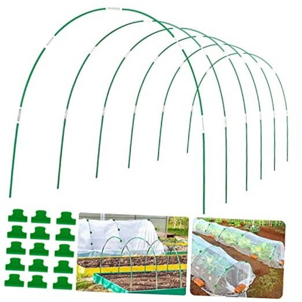 Green garden hoop arches for grow tunnel, rust-free style kit with connectors and clips