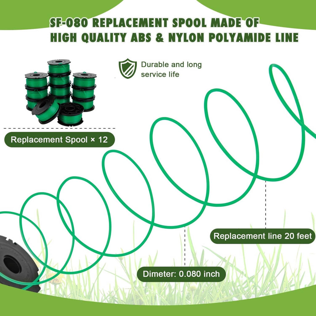 Green trimmer line replacement spool set with coiled line