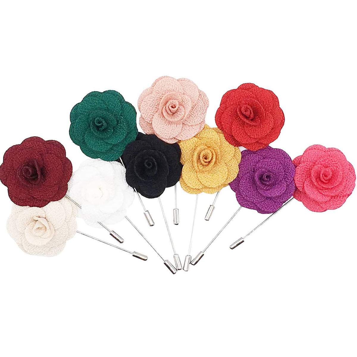 Multicolor fabric rose lapel pins with metal needle stems, assorted set