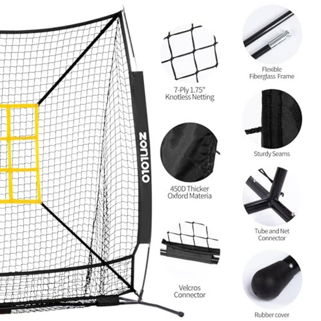 Durable black practice net with white mesh grid, flexible fiberglass frame and reinforced seams