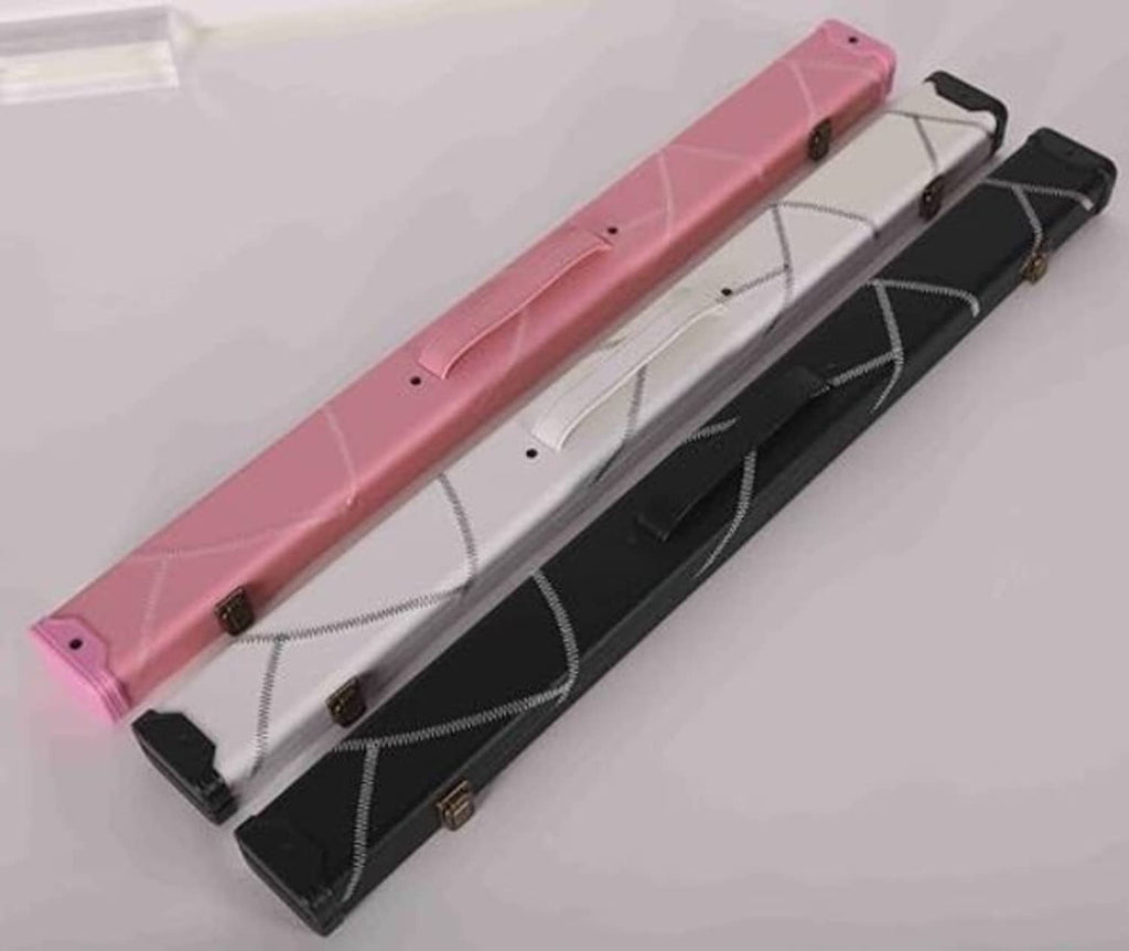 Billiard cue hard cases in pink, white, and black with tan and black inner inserts