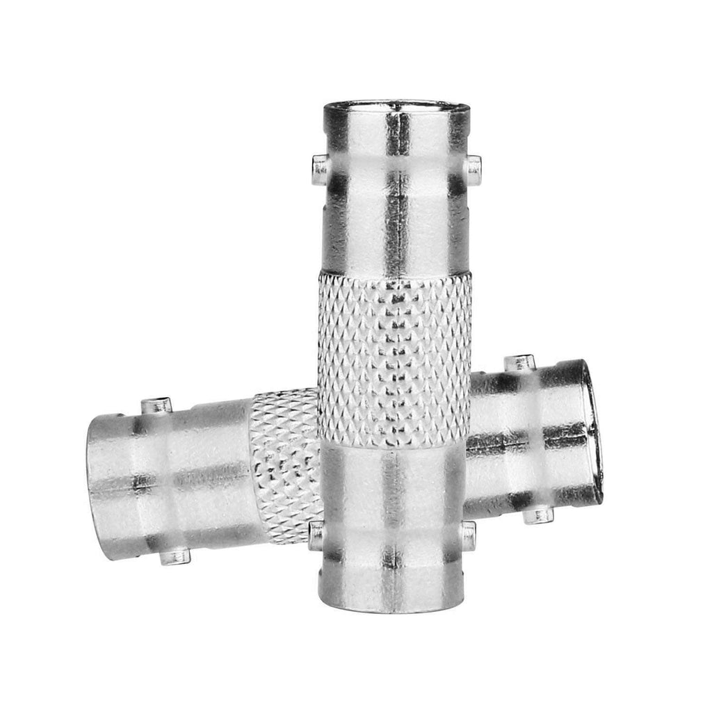 Three-way view of BNC barrel female-to-female coax connectors, metal adapters