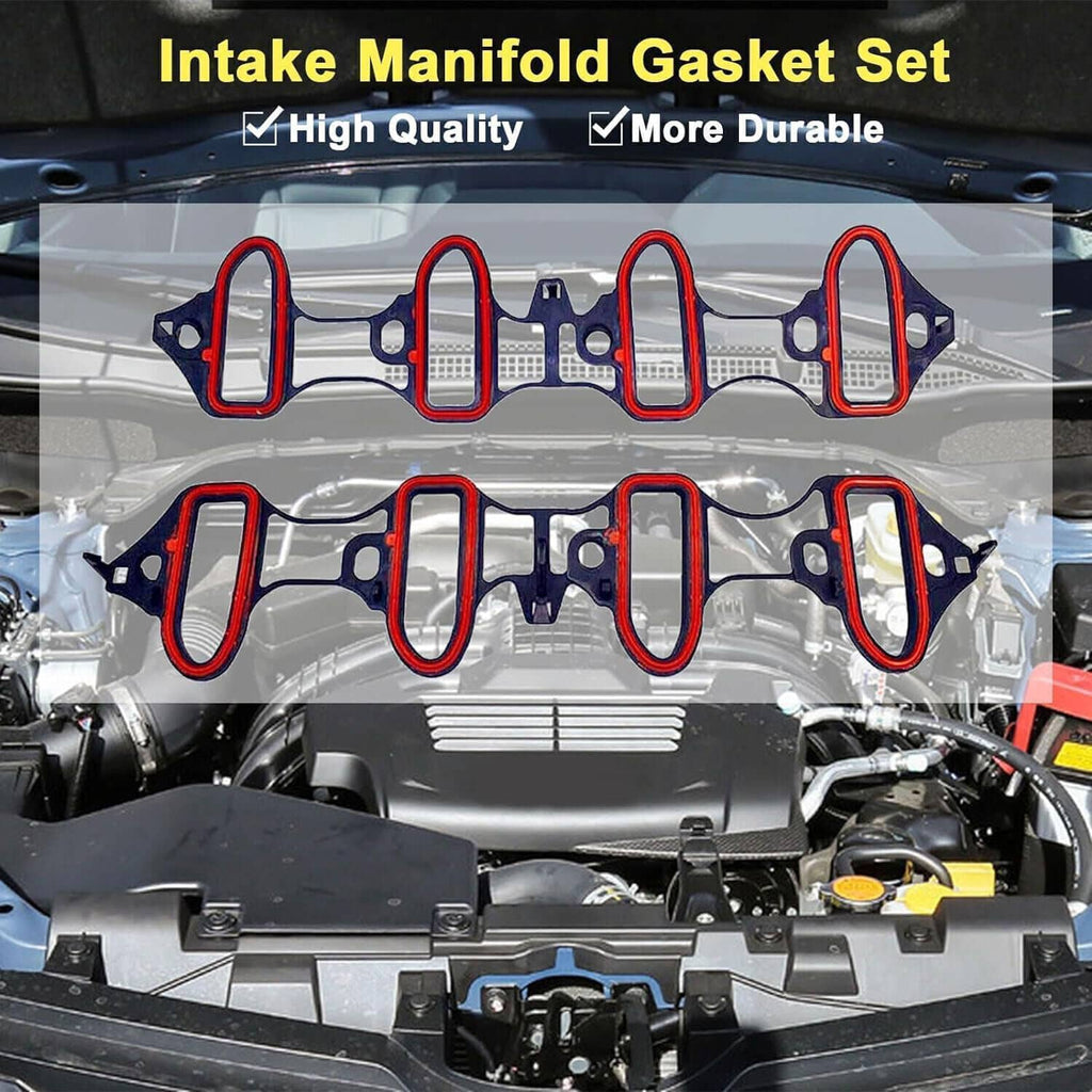 Intake manifold gasket set laid on LS engine intake, red-trim gaskets aligned
