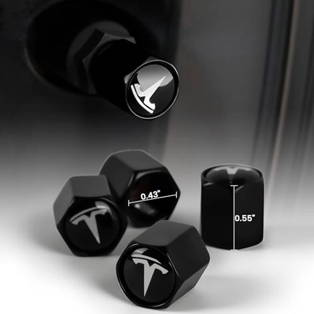 Black hex tire valve stem caps with Tesla logo, shown with height and width