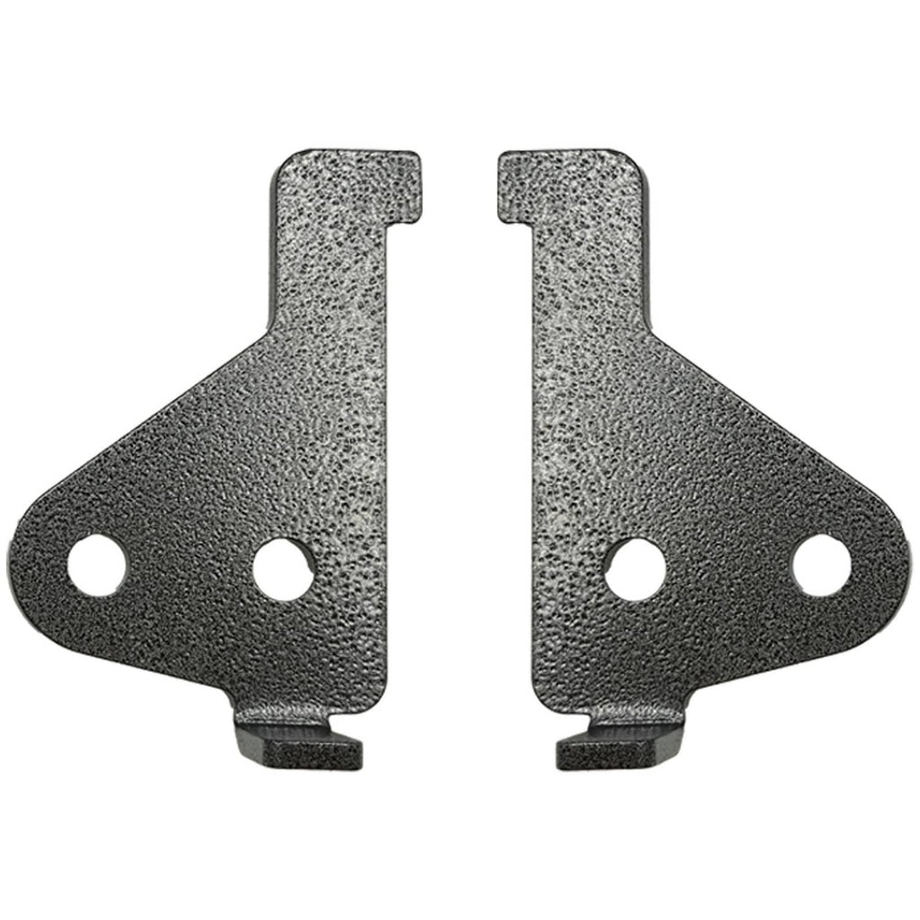 Pair of black metal lift brackets with two or three mounting holes