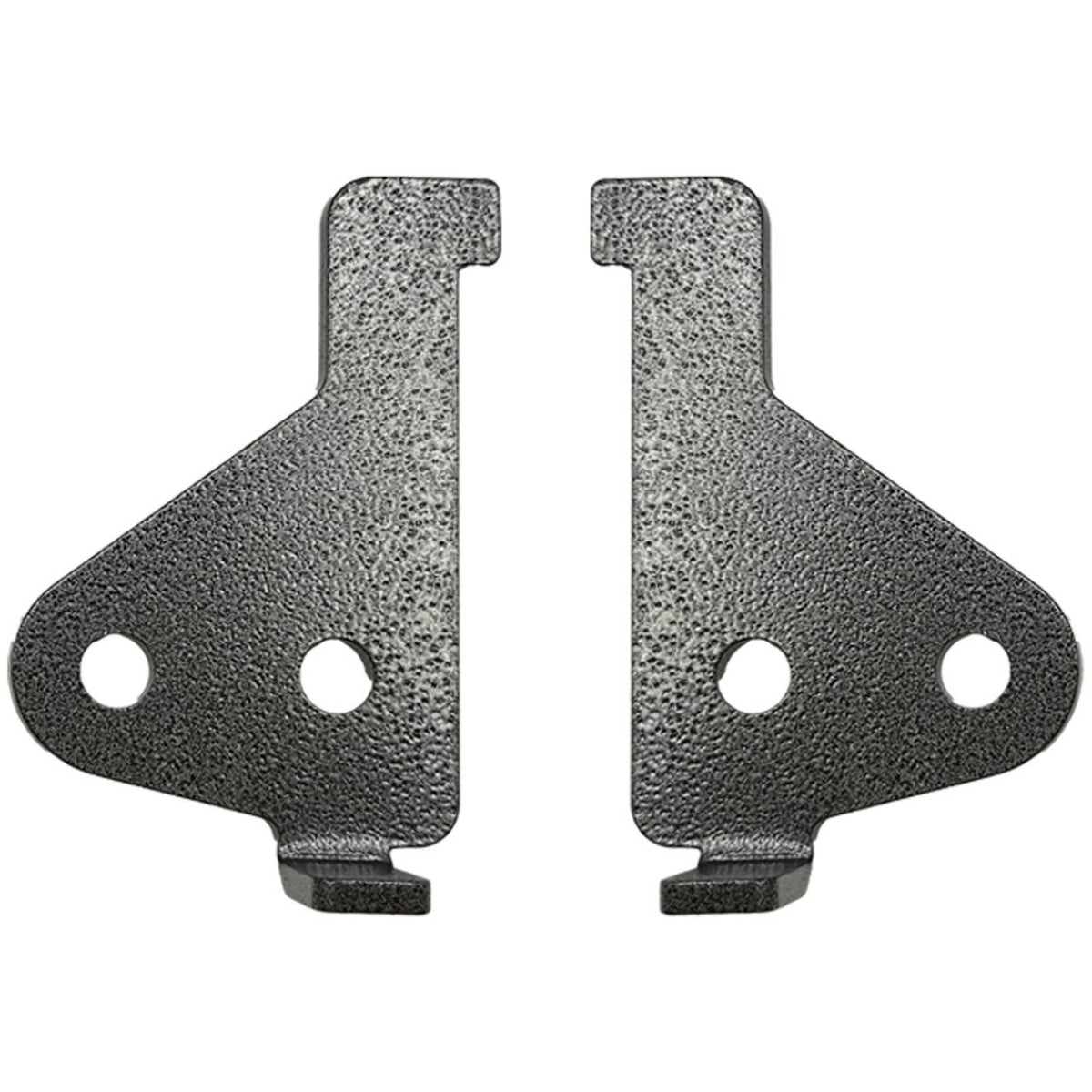 Pair of black metal lift brackets with two or three mounting holes