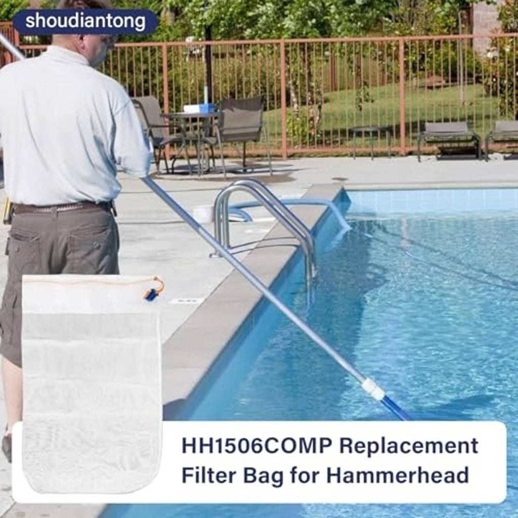 White mesh pool vacuum filter bag with drawstring, shown beside a swimming pool