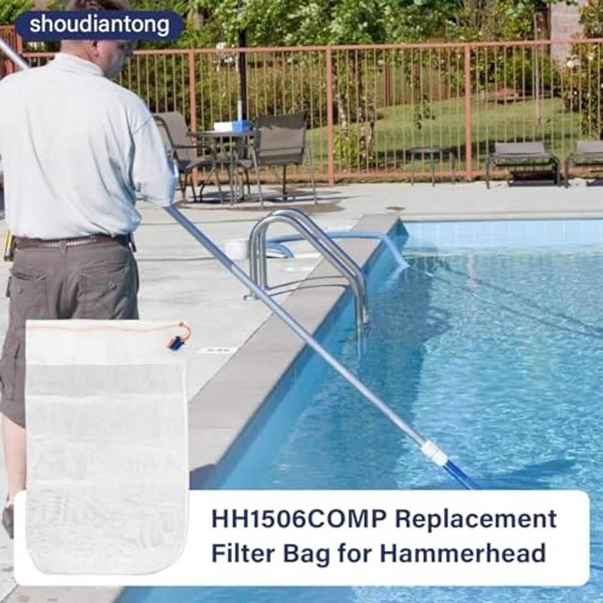 White mesh pool vacuum filter bag with drawstring, shown beside a swimming pool