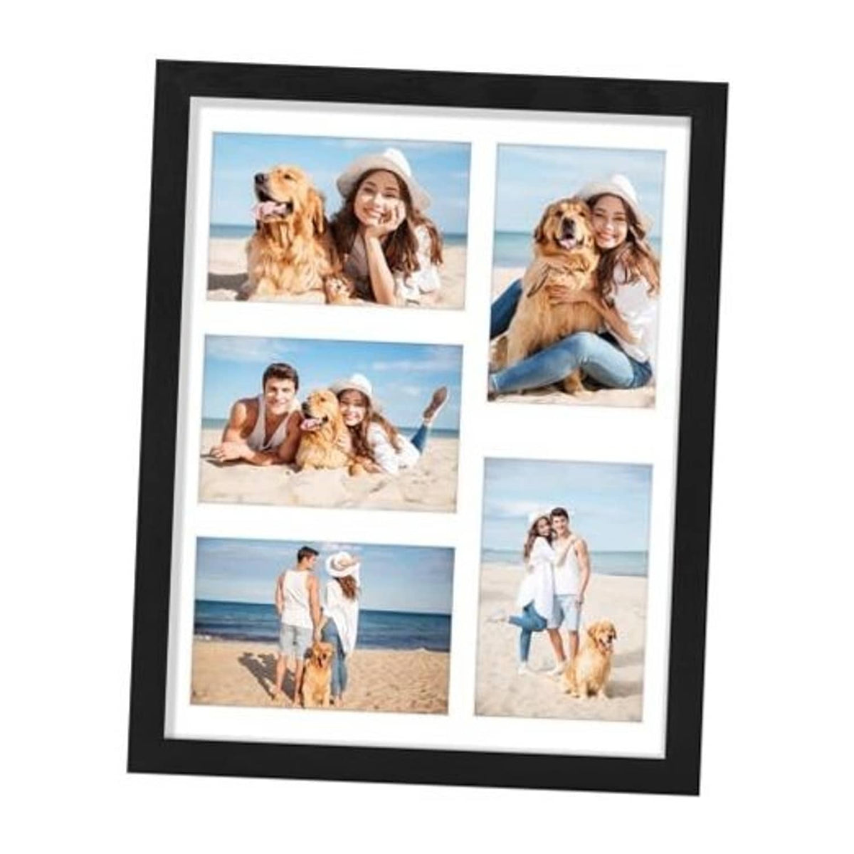 Black collage picture frame holding five 4x6 photos with white mat and border