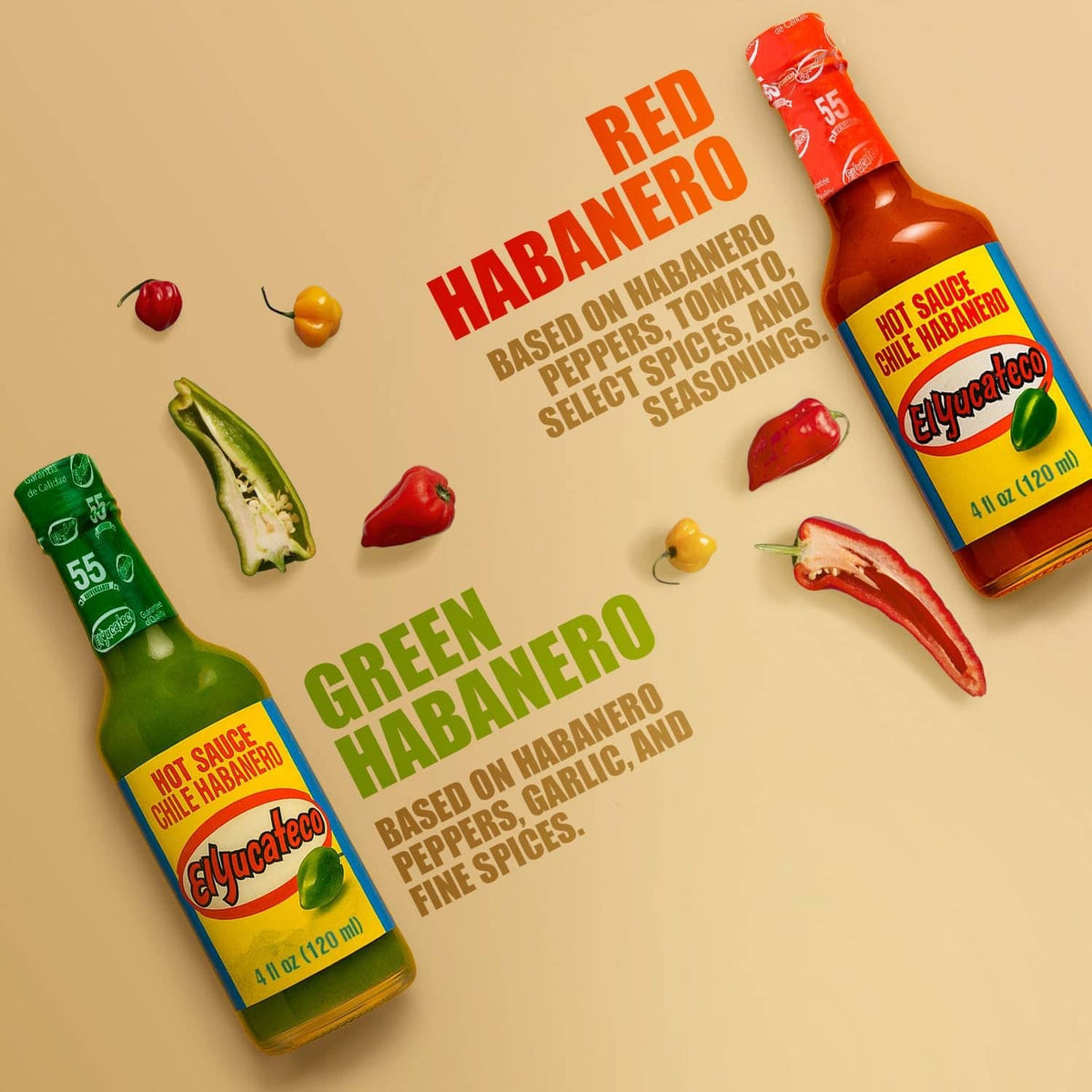 Two El Yucateco chile habanero hot sauce bottles, red and green with label front
