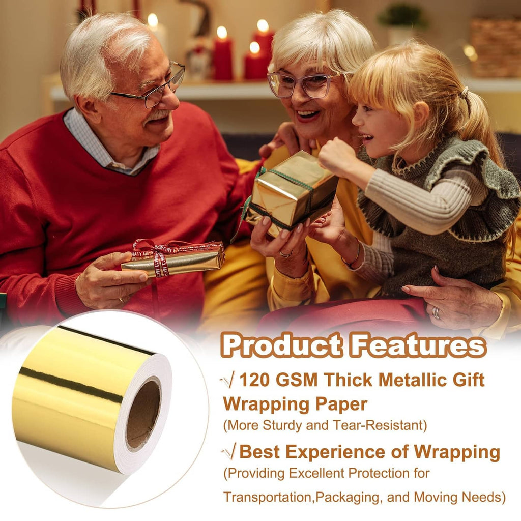 Gold metallic wrapping paper roll beside wrapped gifts