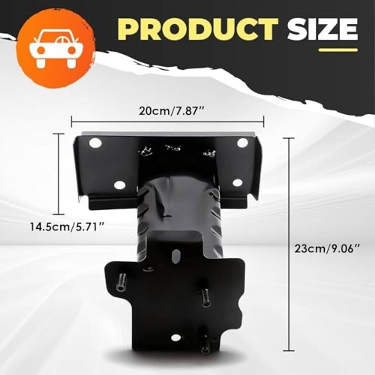 Black front bumper bracket assembly with bolt holes; product size diagram shown