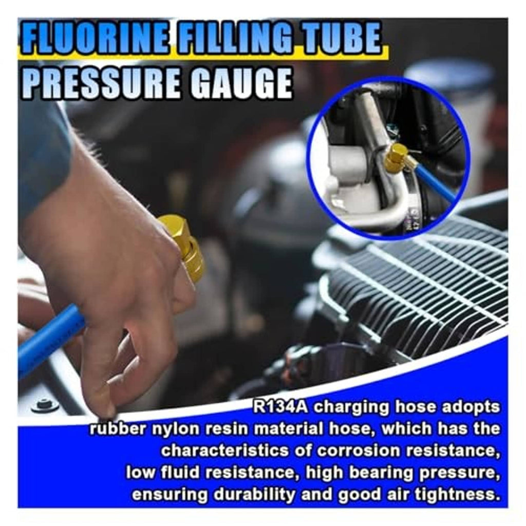 Blue charging hose with brass valve fitting and pressure gauge for A/C service