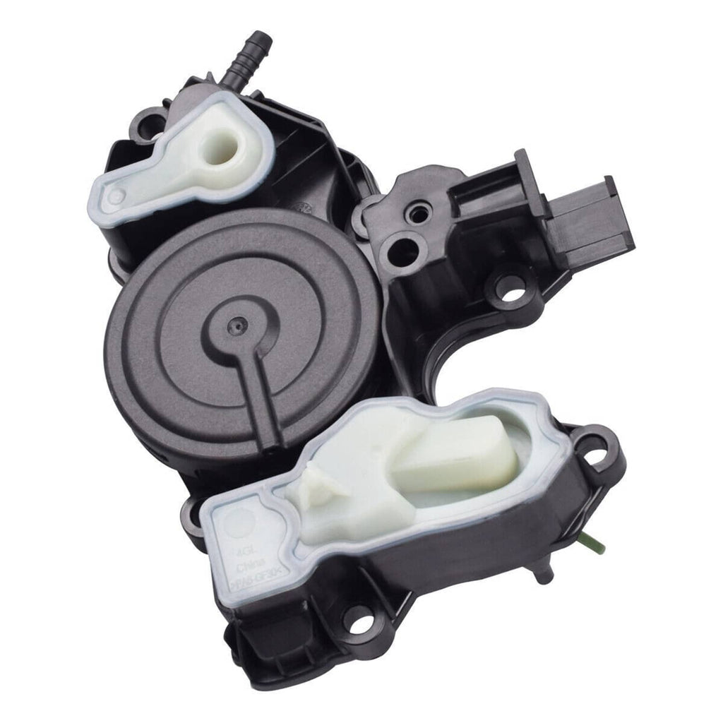 PCV valve oil separator with black and gray components and light green oil reservoir