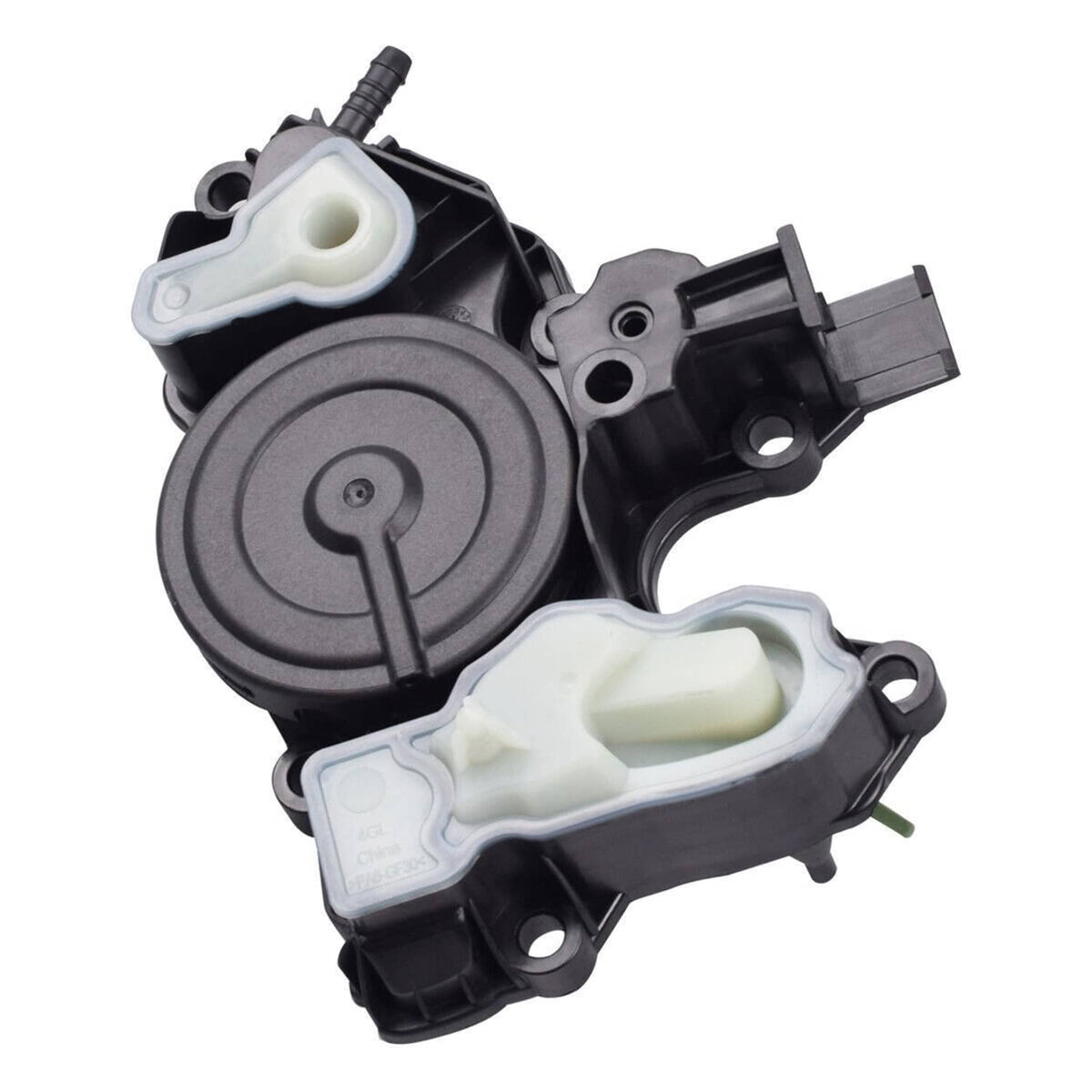 PCV valve oil separator with black and gray components and light green oil reservoir