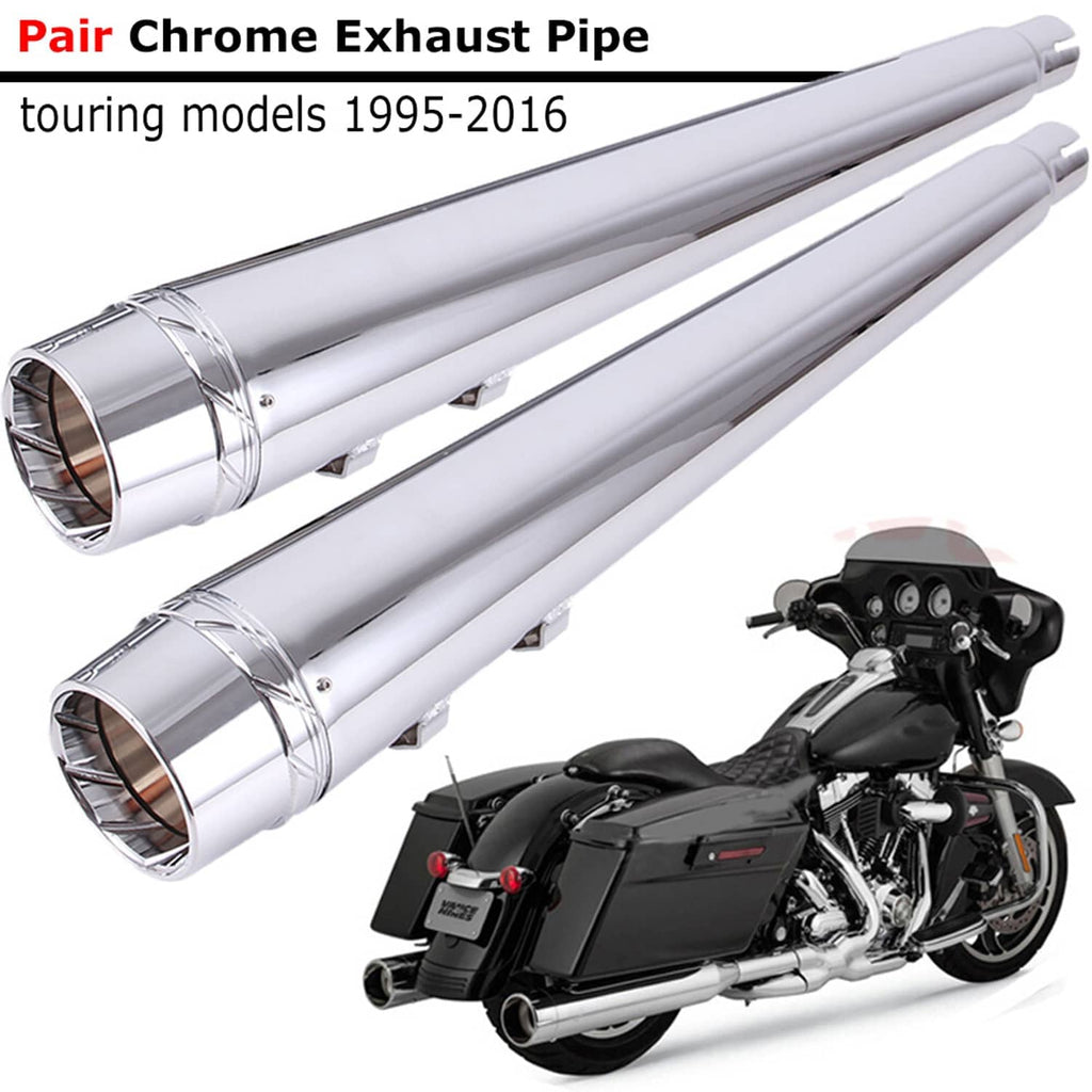 Pair of light gray and chrome exhaust muffler slip-on pipes with mounting brackets