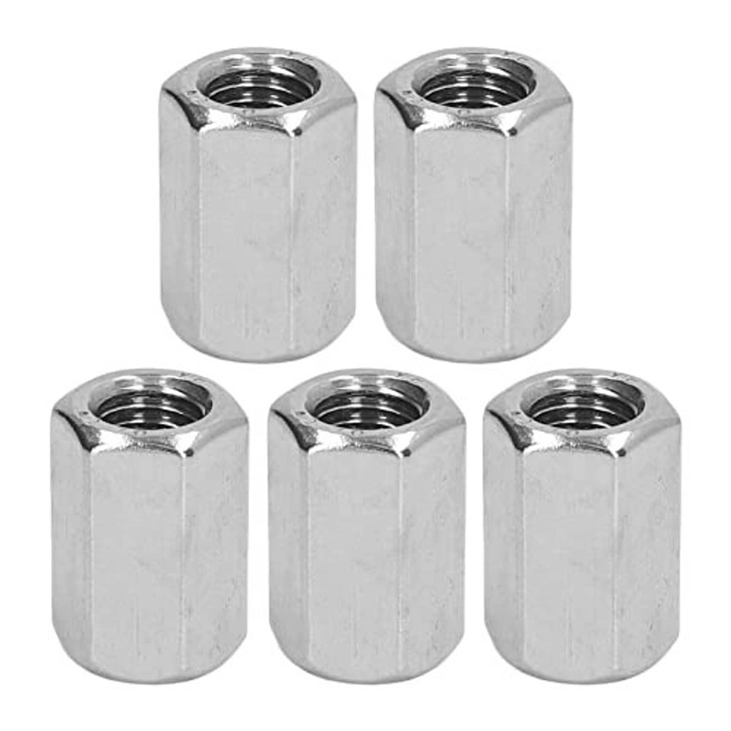 Five stainless hex coupling nuts, shiny silver finish, hex exterior, threaded holes