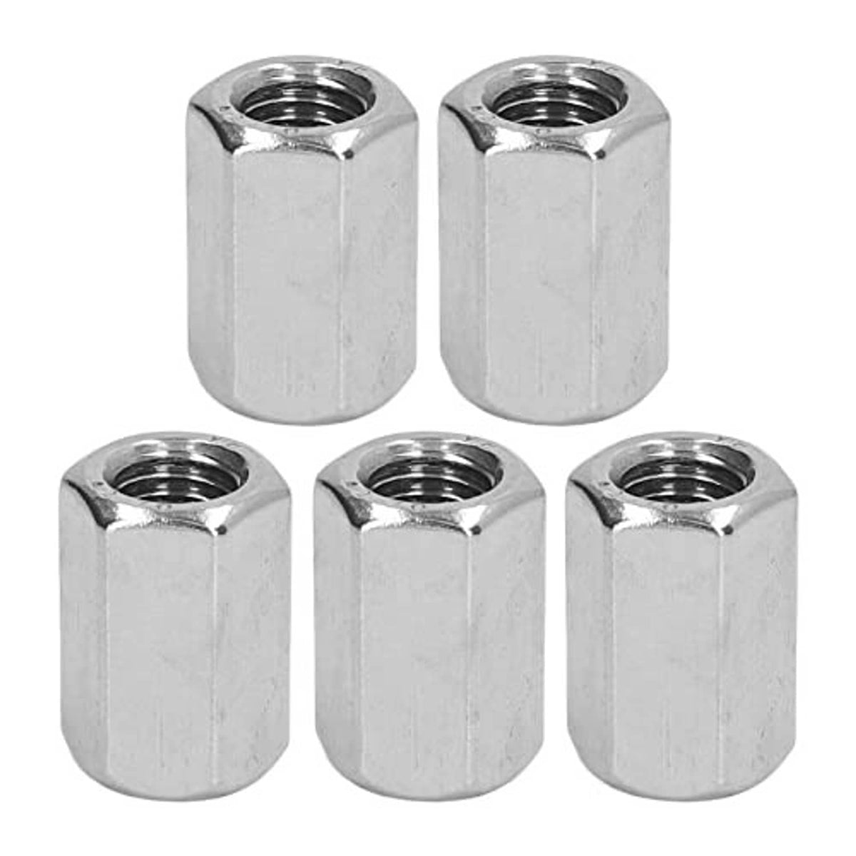 Five stainless hex coupling nuts, shiny silver finish, hex exterior, threaded holes