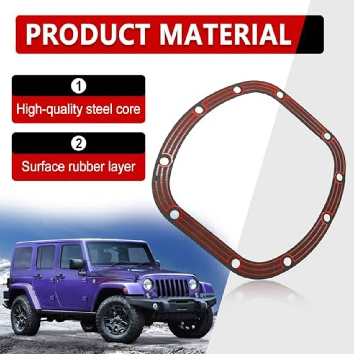 Differential cover gasket ring with red rubber outer and black stripe layer, bolt holes