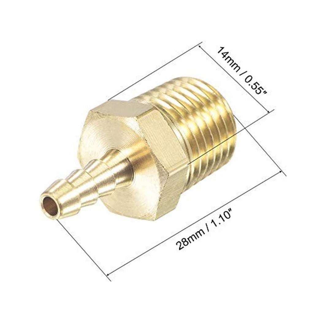 Brass straight hose barb fitting, angled view with hex fitting and male NPT threads