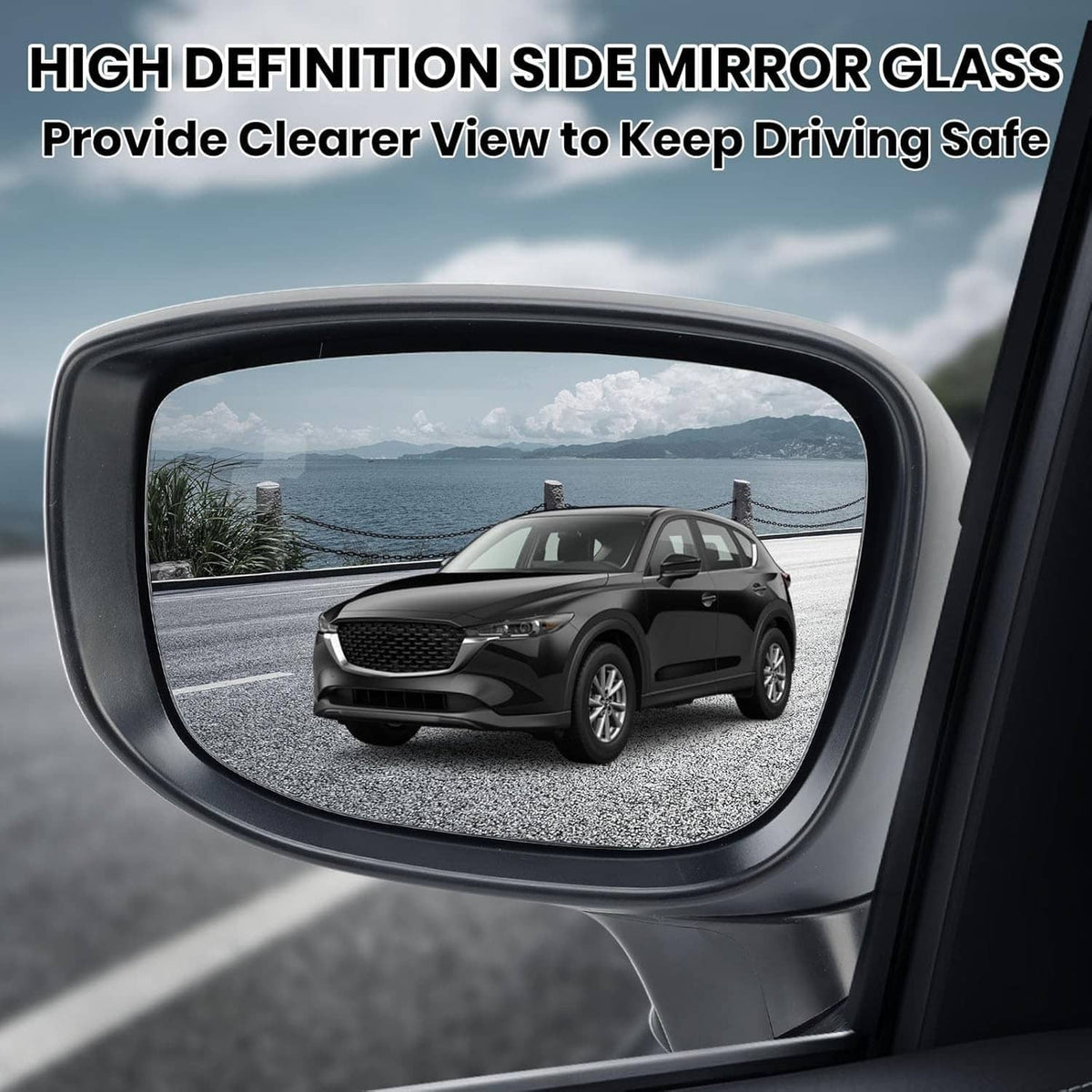Black left side mirror with clear glass for a wide driving view
