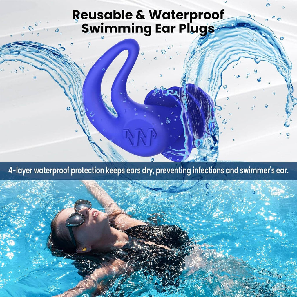 Blue silicone swimming ear plug shown in water with splash around it