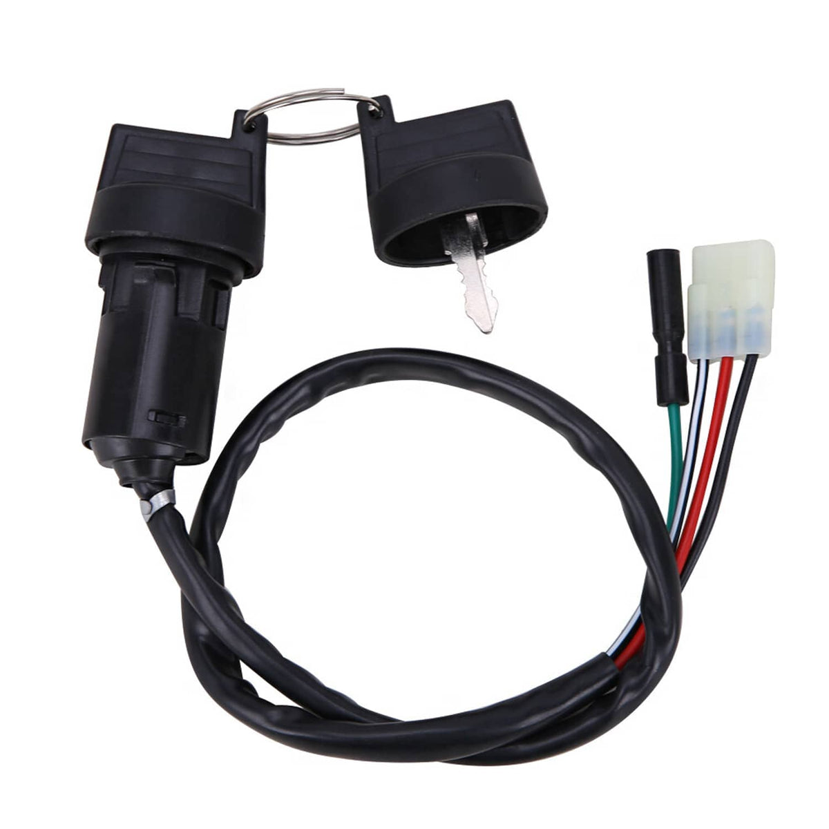Ignition key switch assembly with two black wire connectors and metal key