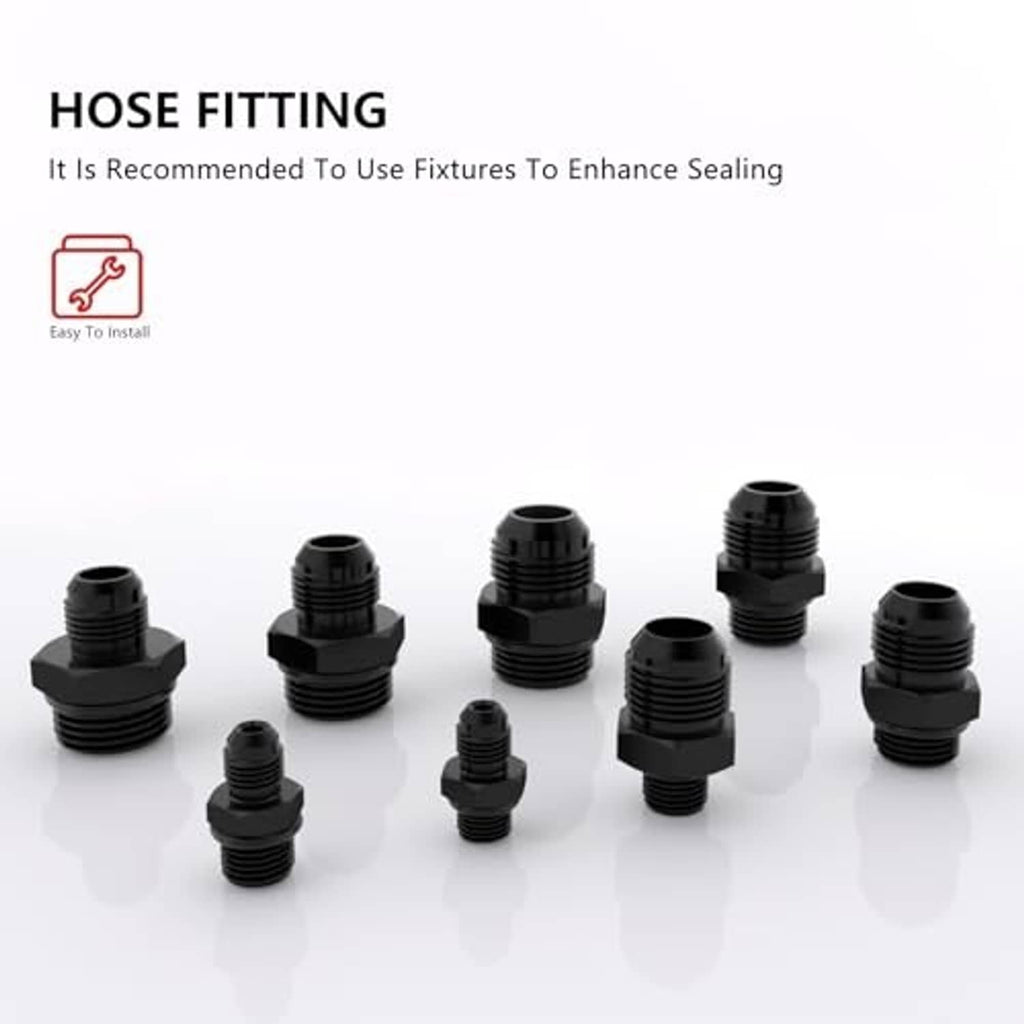 Multiple black hose fitting adapters with external threads arranged for comparison