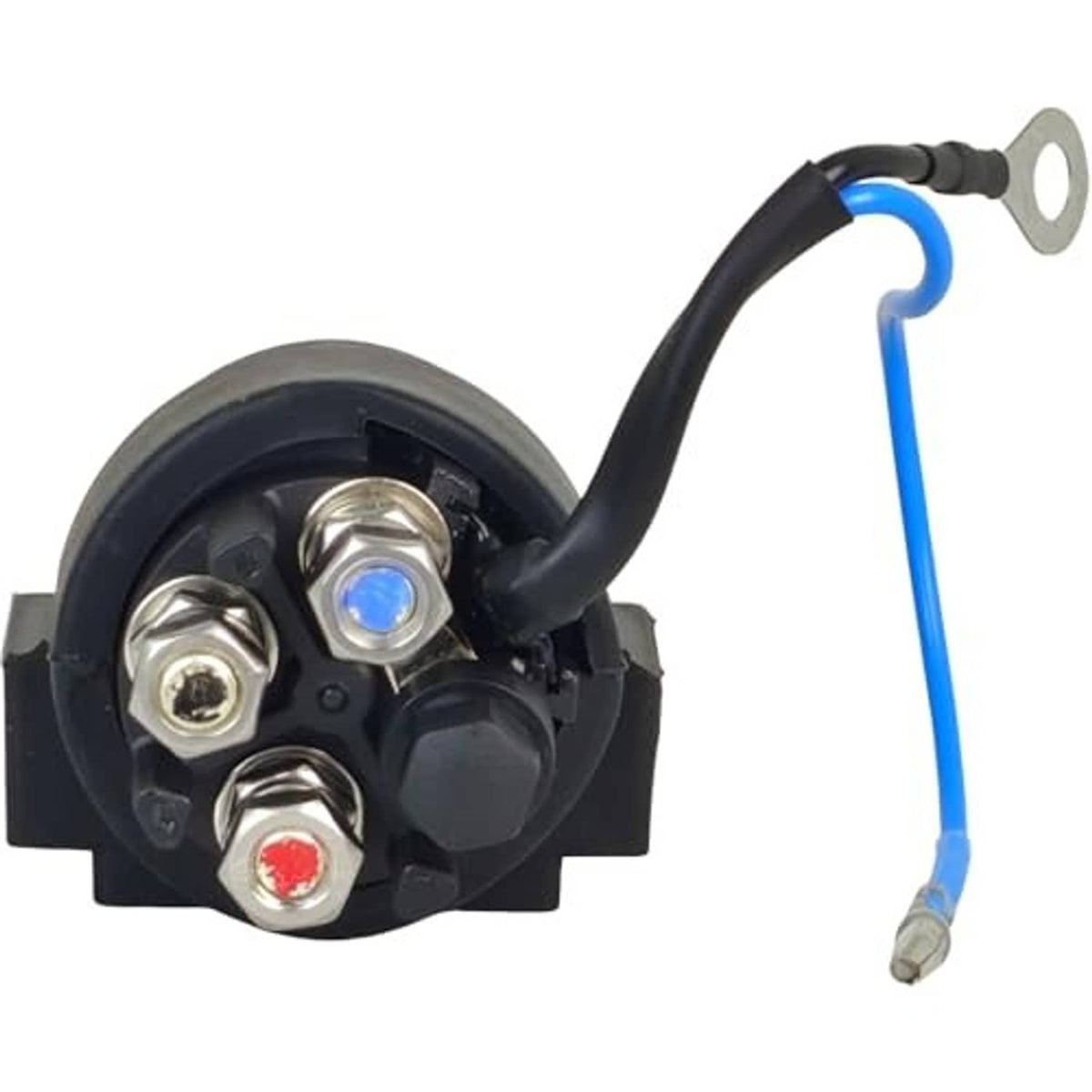 Black relay contact housing with blue lead wire and four metal terminal screws