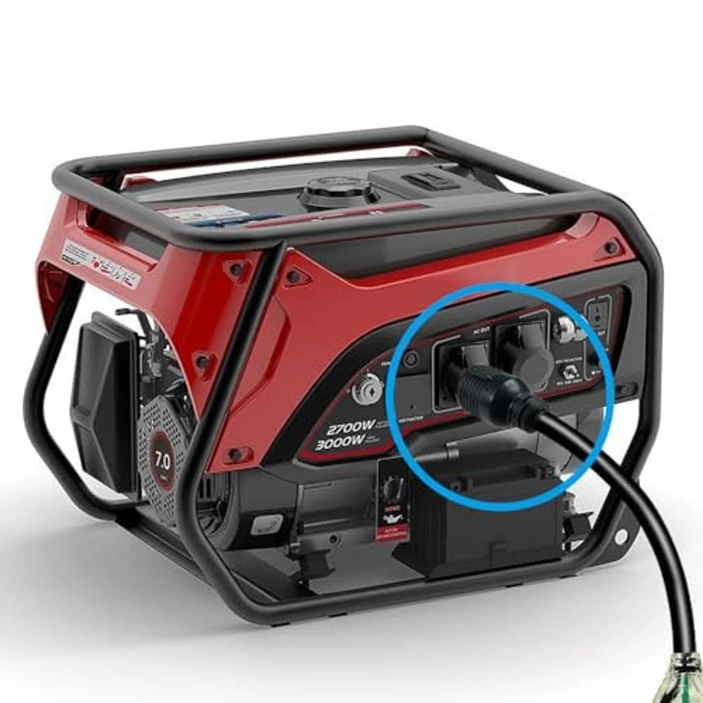 EV power adapter cord plugged into generator outlet on red-and-black unit
