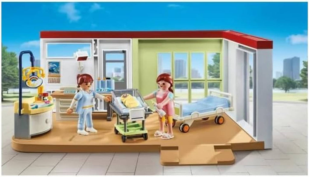 Playmobil maternity ward playset with hospital room, exam bed, and two figures