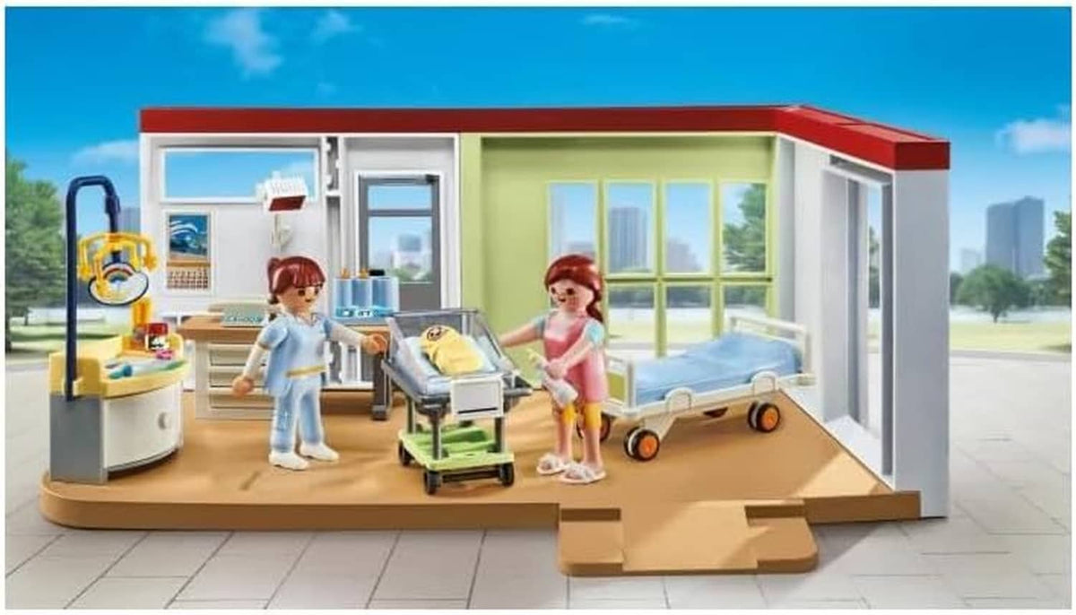 Playmobil maternity ward playset with hospital room, exam bed, and two figures