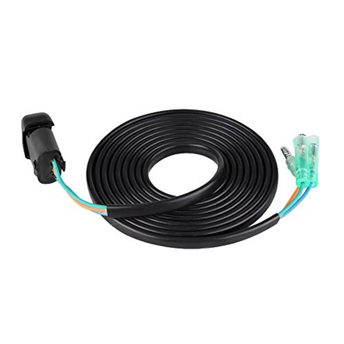 Outboard trim/tilt switch wiring harness with coiled black cable and teal plug connector