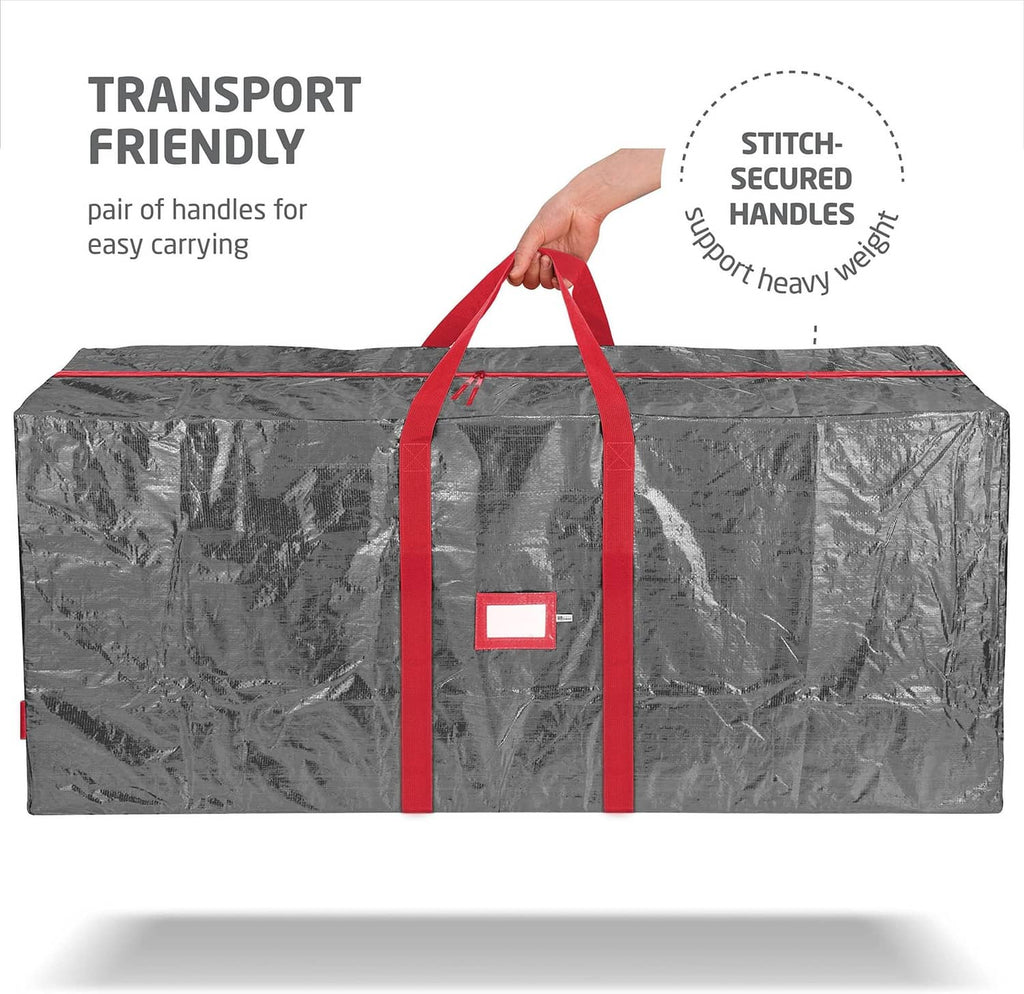 Gray Christmas tree storage bag with two red handles and secure stitched seams