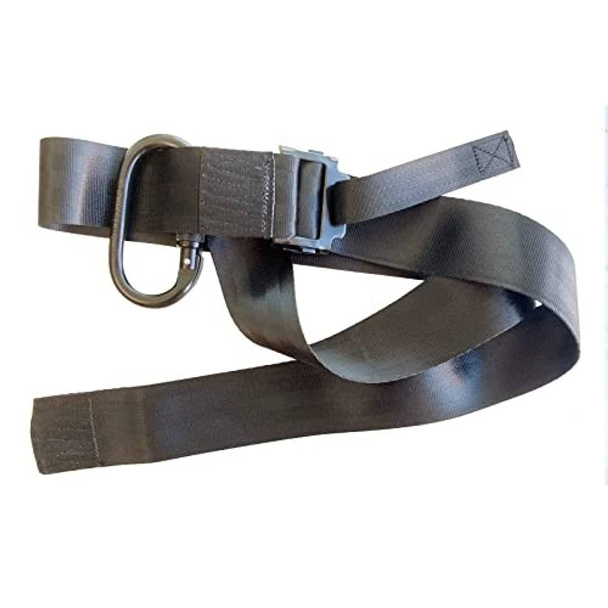 Black tree safety strap with metal D-ring, buckle, and long woven webbing